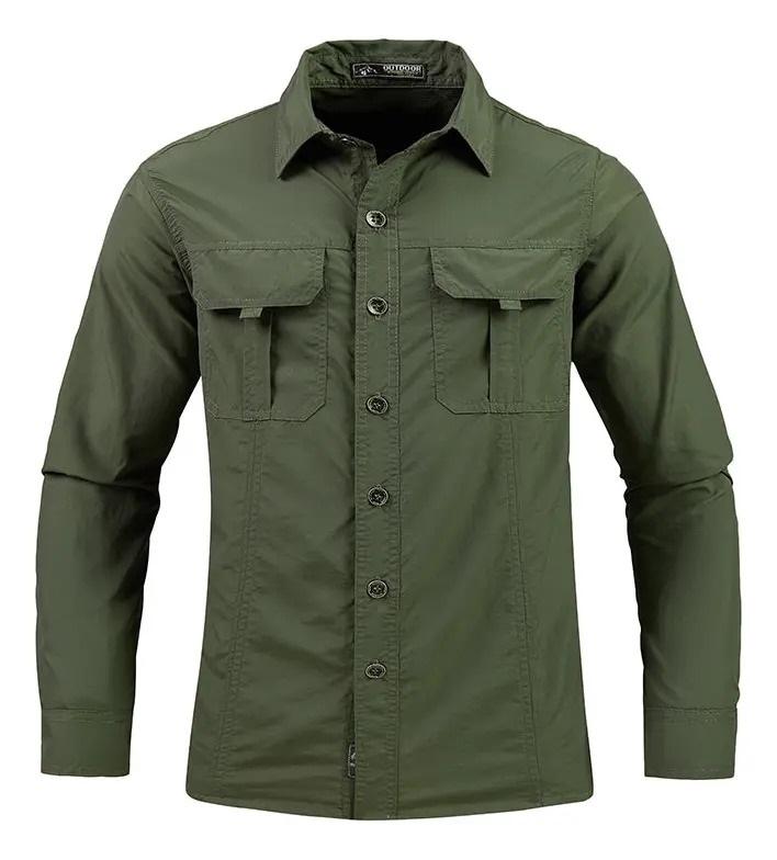 Men s casual loose long sleeved shirt, youth shirt, outdoor workwear pocket shirt M зелёный