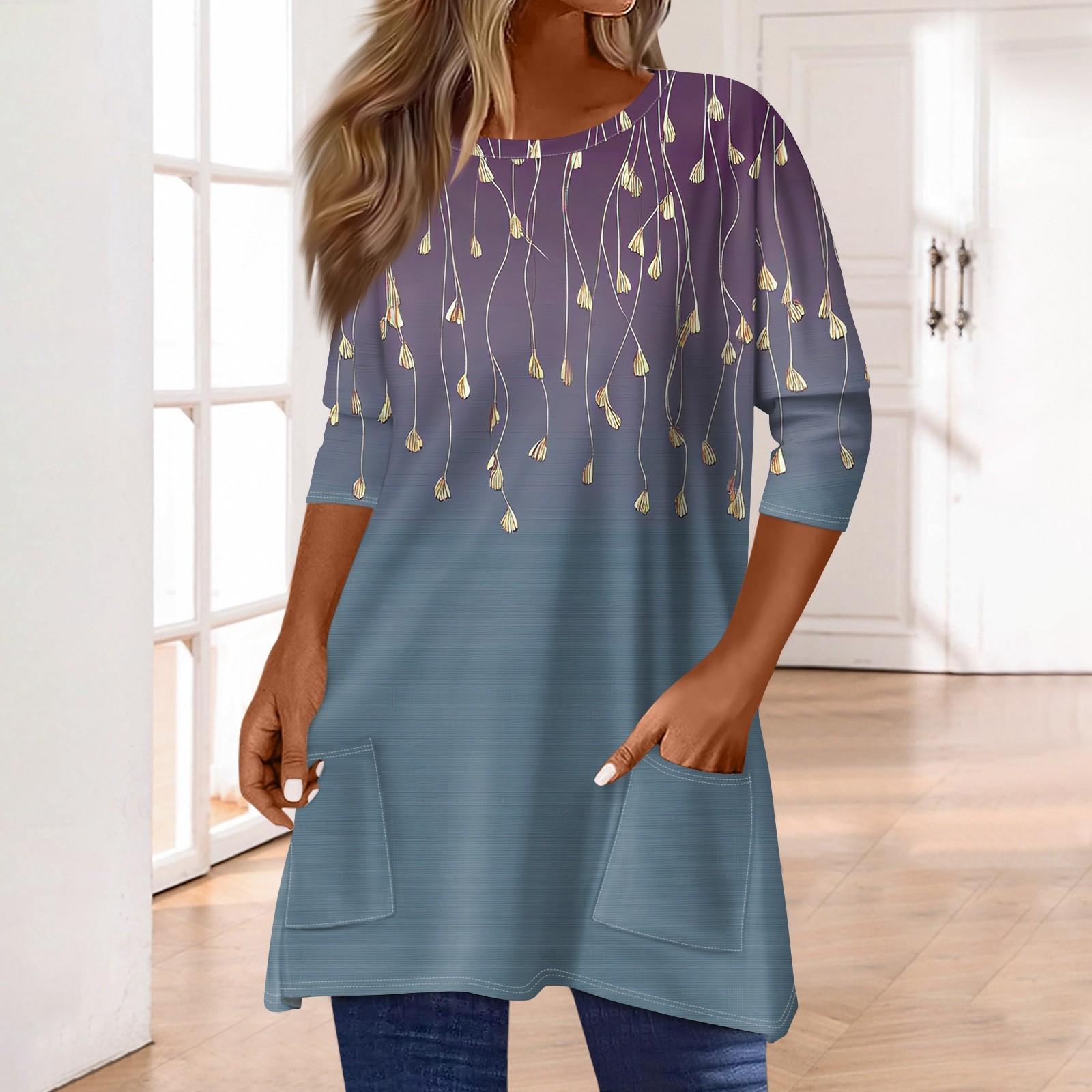 

3/4 рукава кармана топы для женщин футболка повседневный принт средней длины топы футболка круглый вырез пуловер блузка S