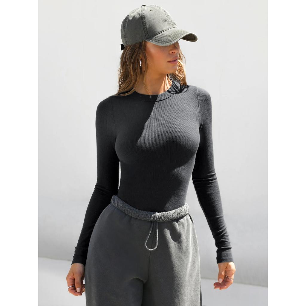 Womens Crew Neck Long Sleeve Ribbed Knit Slim Fit Y2K Style Basic T Shirt For Daily Wear