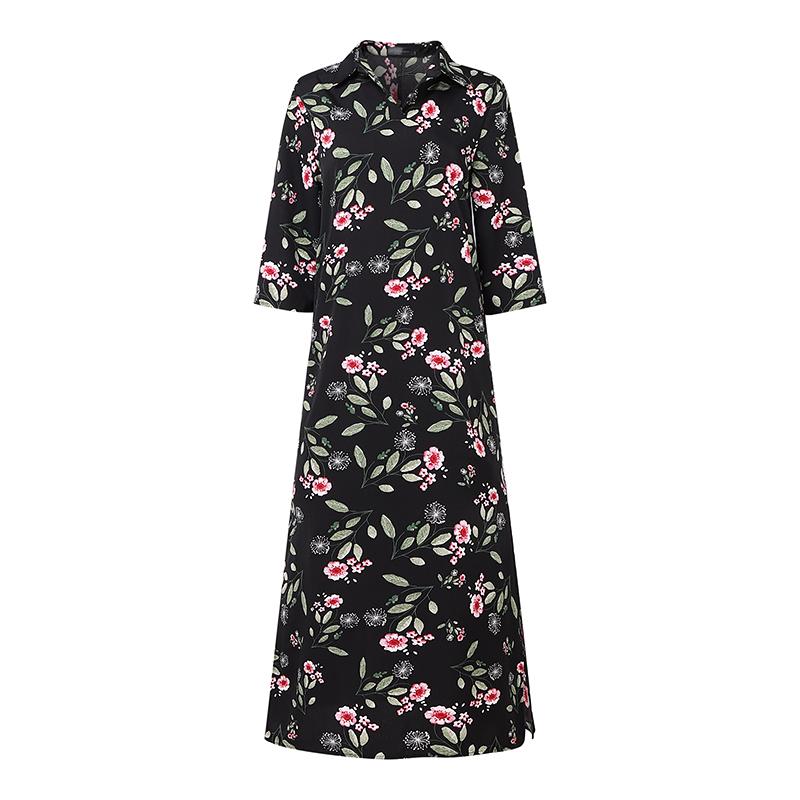 ZANZEA Women Turn Down Collar 3/4 Sleeve Loose Print Dress