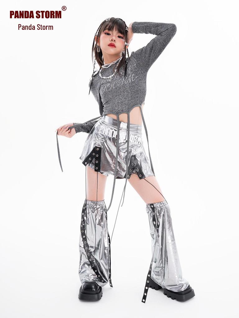 Girls' Sparkly Jazz Dance Long-Sleeve Outfit: Fashionable Street Dance T-shirt & Pants Set