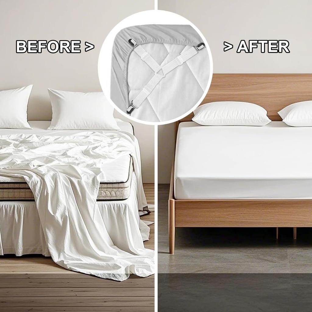 4 PCS Fitted Bed Sheet Straps - Elastic Suspenders with Metal Clips for Bed Sheets, Mattress Covers, Sofa Cushions - Adjustable Fasteners To Keep