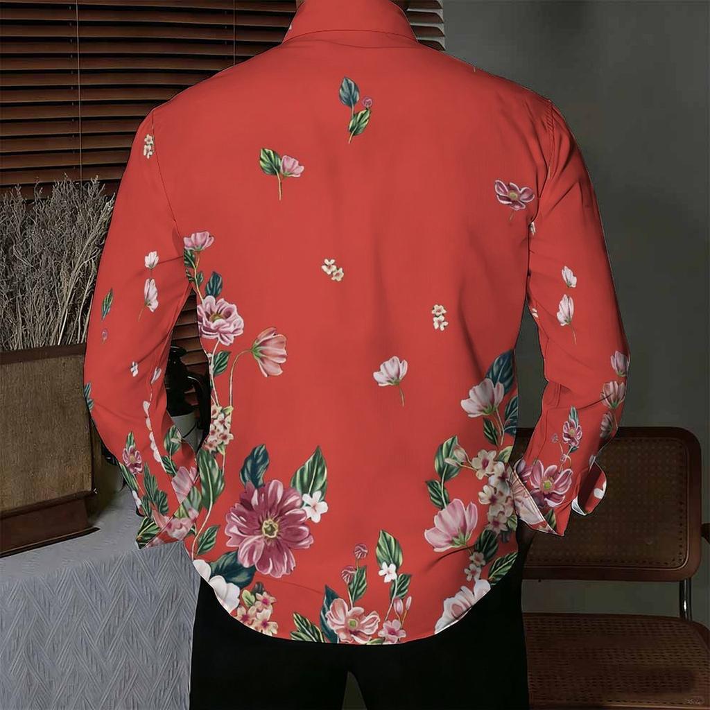 Men Collared Shirt Gray Pink Floral Branch Print Long Sleeve Button Down Top