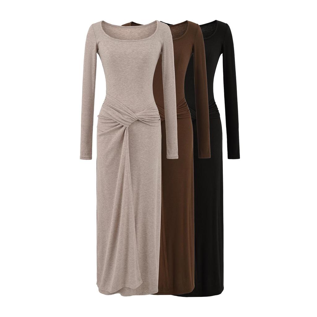 Elegant Slim Fit Two-Piece Style Long Sleeve Bodycon Dress with Waist Tie - New Autumn Collection