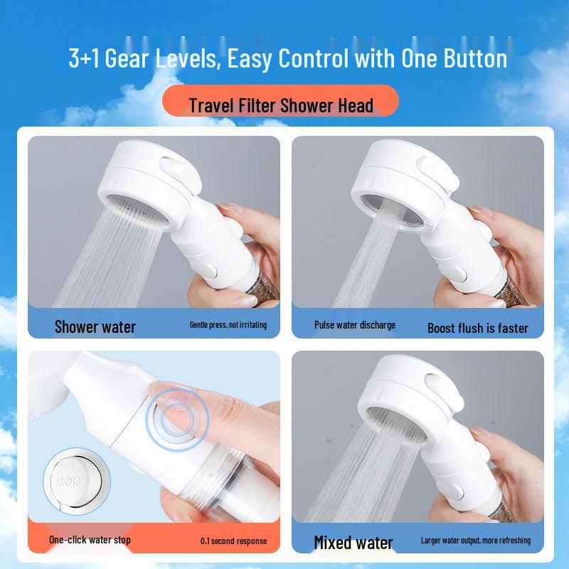 Portable Handheld Shower Head with Booster Filter & One-Button Water Stop for Travel and Dorms