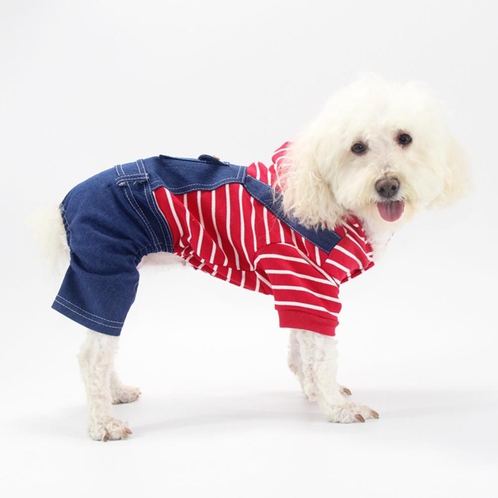 College-Stil Herbst- und Winter-Haustierkleidung gestreiftes Denim Hunde-Vierbeiner Teddy Corgi Träger-Einteiler