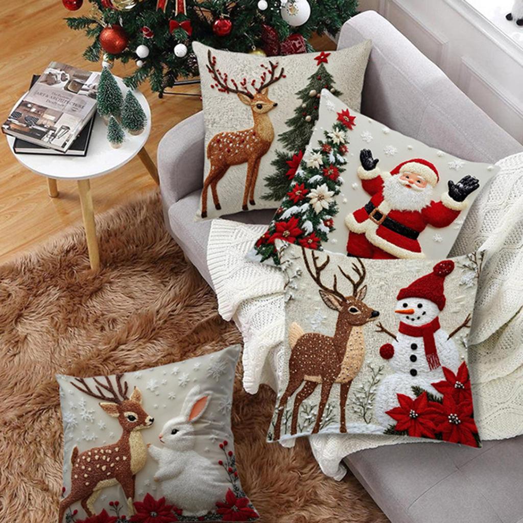 Christmas Pillowcase, Festive Reindeer and Rabbit Decorative Sofa, Atmosphere Decoration, Short Plush Pillow