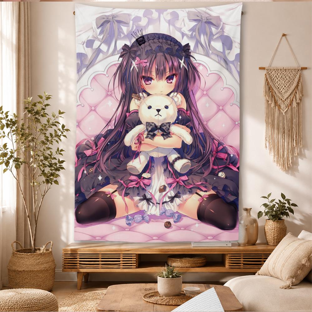 Cute Lolita Anime Girl Wall Tapestry Hug Teddy Bear Pastel Gothic Aesthetic Wall Hanging Bedroom Dorm Room Home Decor Cloth