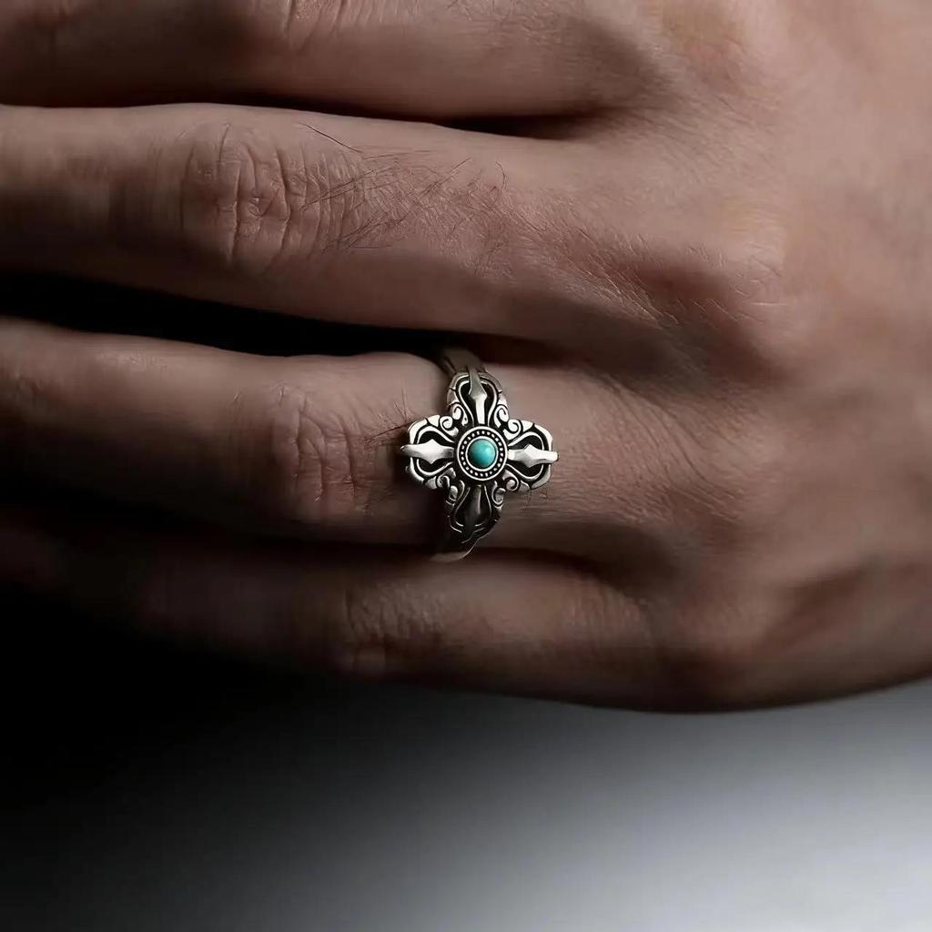 Bohemian Unisex Vintage Copper Plated Silver Ring Cross Totem Turquoise Inlaid Jewelry for Men Women Daily Wear Party Holiday