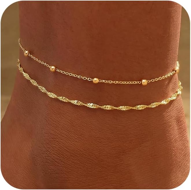 Women Ankle Bracelets 14K Gold Waterproof Layered Beaded Twisted Chain Ankle Bracelets Anklets Set Trendy Summer Beach Jewelry