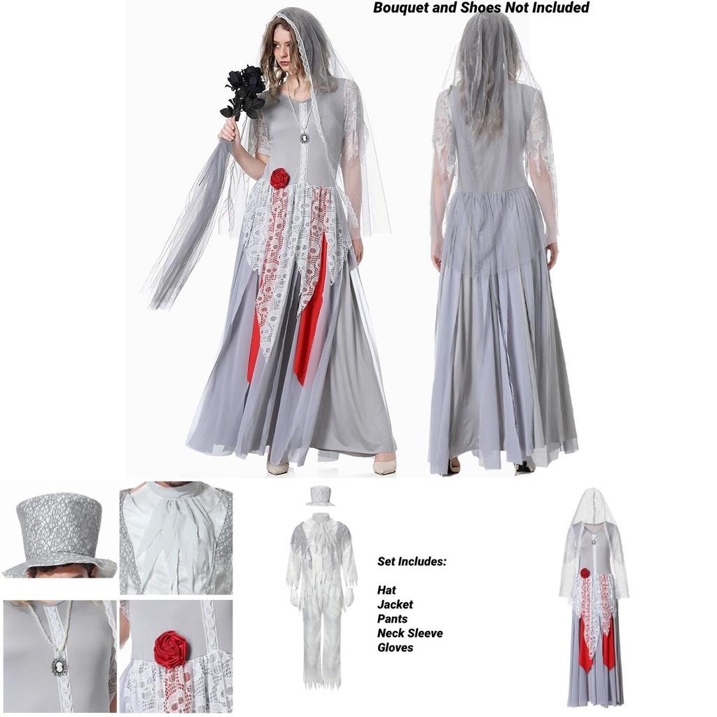 Ymkq Halloween Vampire Party Costume Adult Unisex White Ghost Bride And Groom Cosplay Performance Attire