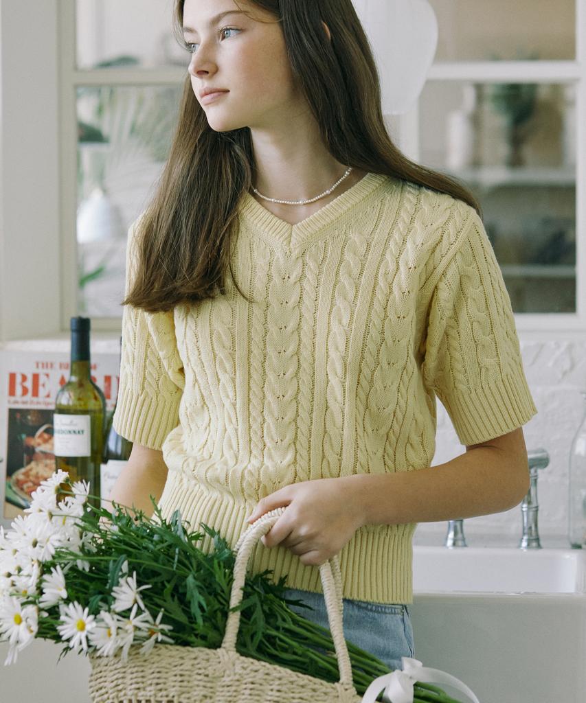 NONLOCAL V-Neck Cable Half Sleeve Knit - Butter Yellow