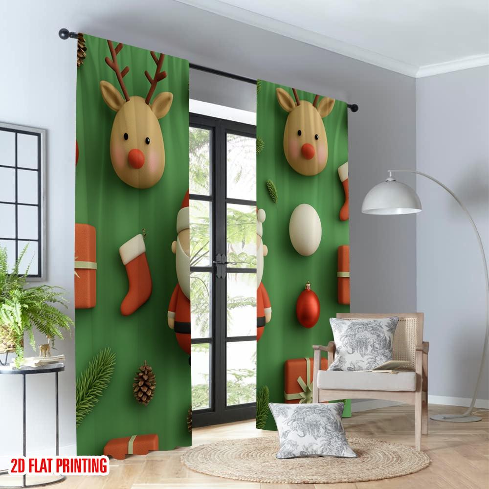 2pcs 2D flat printing Happy Christmas Scene Curtains Christmas Reindeer Santa Claus Gift Digital Printed Polyester Drapes