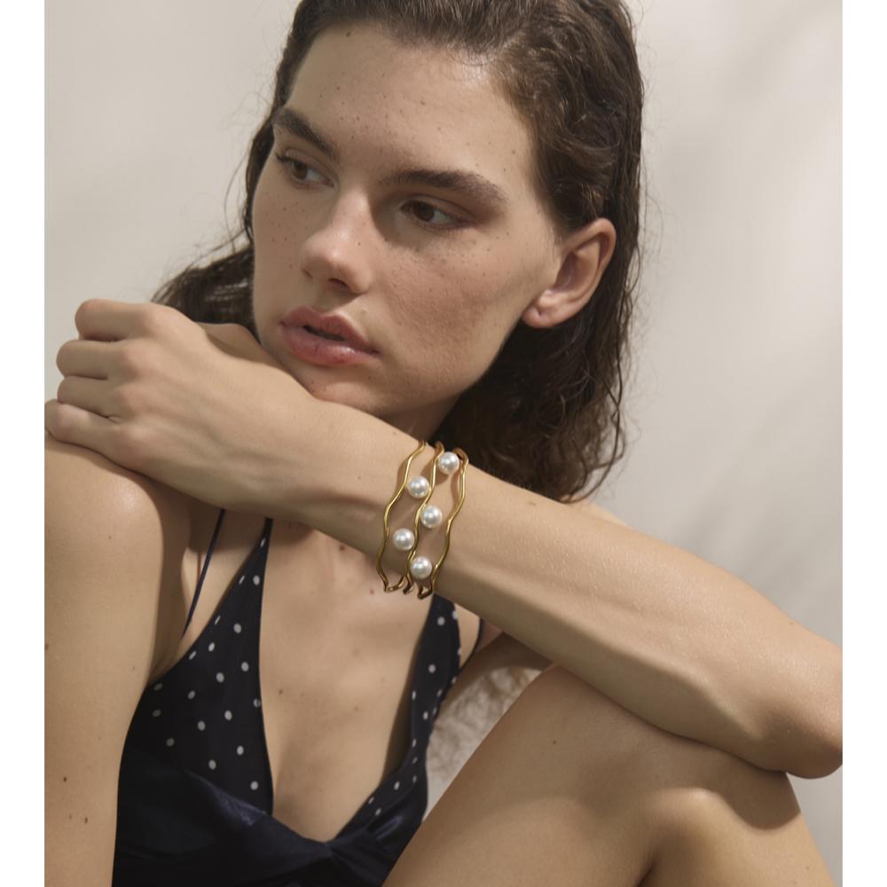 Yhpup 65mm Elegance Simulated Pearls Layered Hollow Cuff Bracelet Bangle 18K Gold Color Stainless Steel Chic Wrist Jewelry