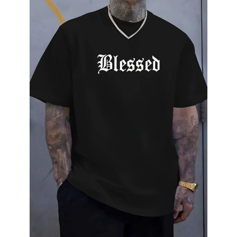 Men's Summer Fashionable Casual Loose Blessed Letter Pattern Printed Sports Round Neck Short Sleeved T-shirt