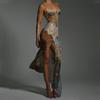 LYRIA Stampa Pizzo Spacco Sexy Maxi Abito Donna Abito Elegante Patchwork Chiffon Senza Maniche Schiena Scoperta Spiaggia Abito da Sera