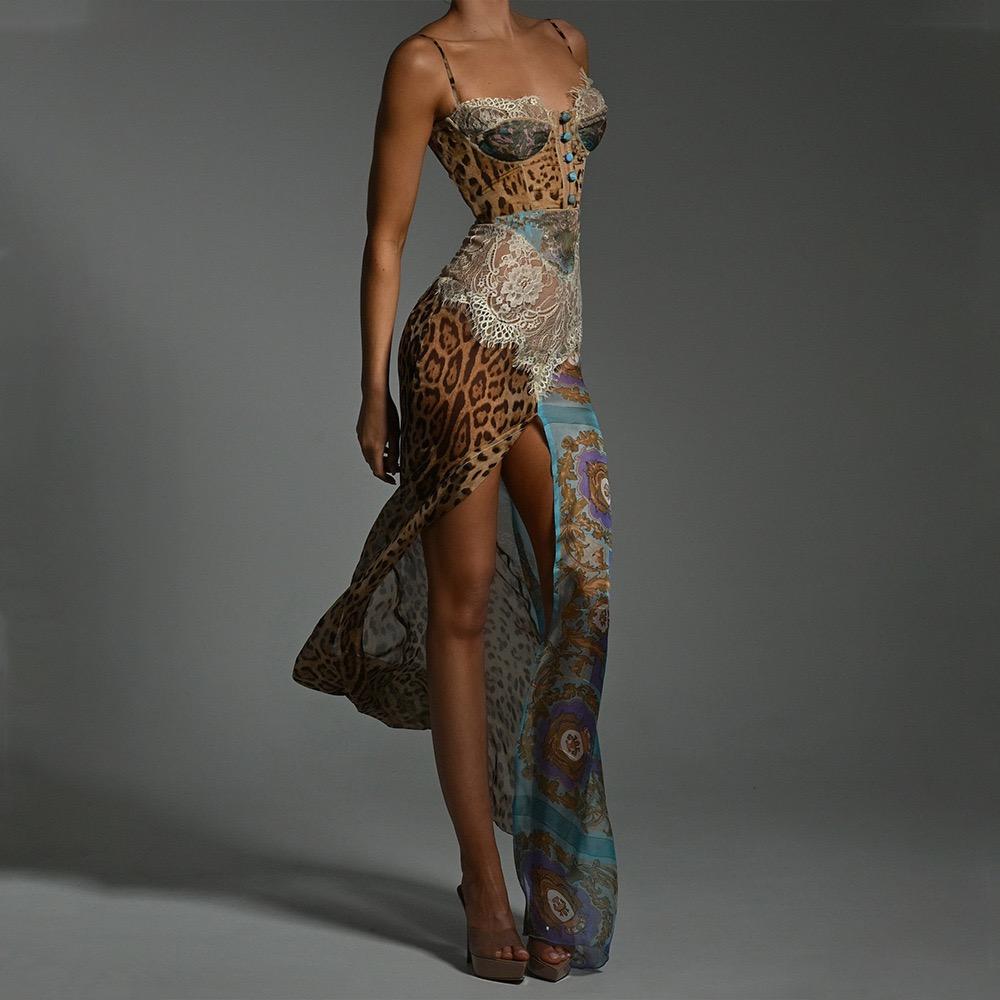 LYRIA Stampa Pizzo Spacco Sexy Maxi Abito Donna Abito Elegante Patchwork Chiffon Senza Maniche Schiena Scoperta Spiaggia Abito da Sera