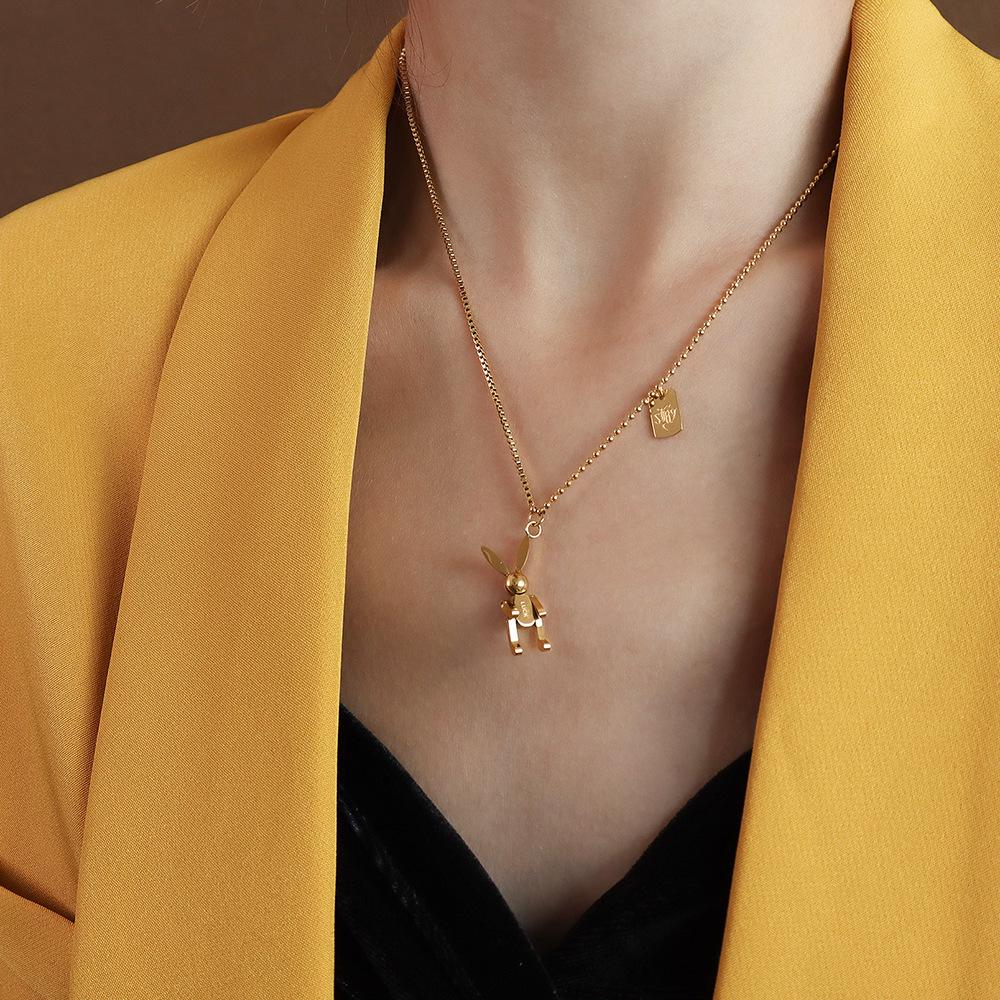 Playful Cute Rabbit Necklace: 18K Gold-Plated Titanium Steel with Letter Square Plate