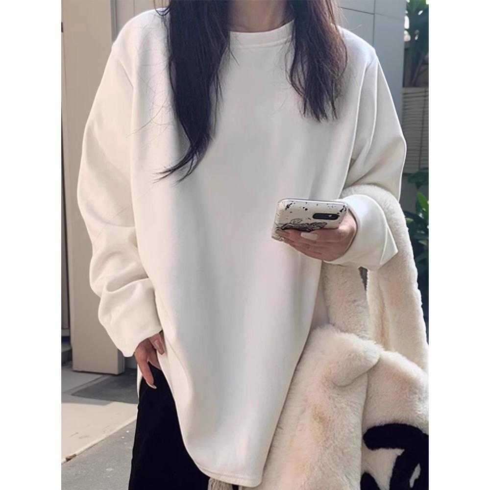 Minimalist Women's Warm Cotton Long-Sleeve T-Shirt for Spring, Autumn, Winter