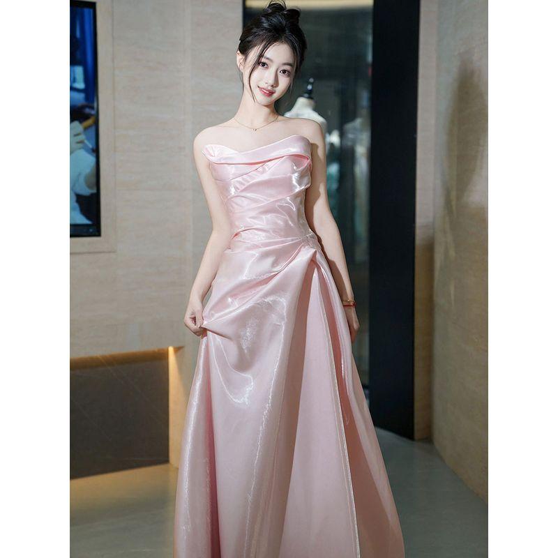 French Style Pink Tube Top Flash Satin Morning Gowns Temperament Banquet Annual Meeting Birthday Party Performance Toast Evening Dress