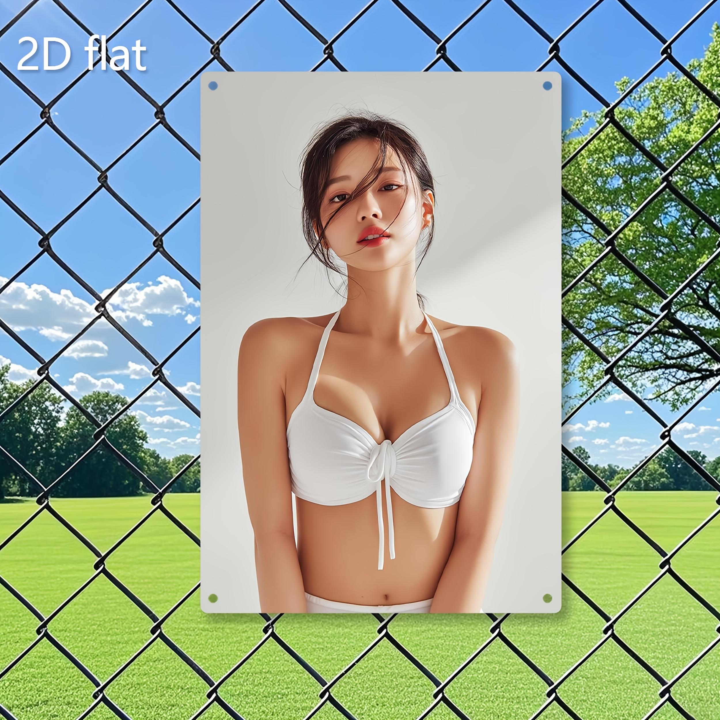 

HD Metal Tin Sign Alluring Asian Woman in White Halter Bikini Minimalist Studio Scene Vintage Wall Art Plaque Retro D Decor for 20x30cm（7.8x11.8inch）