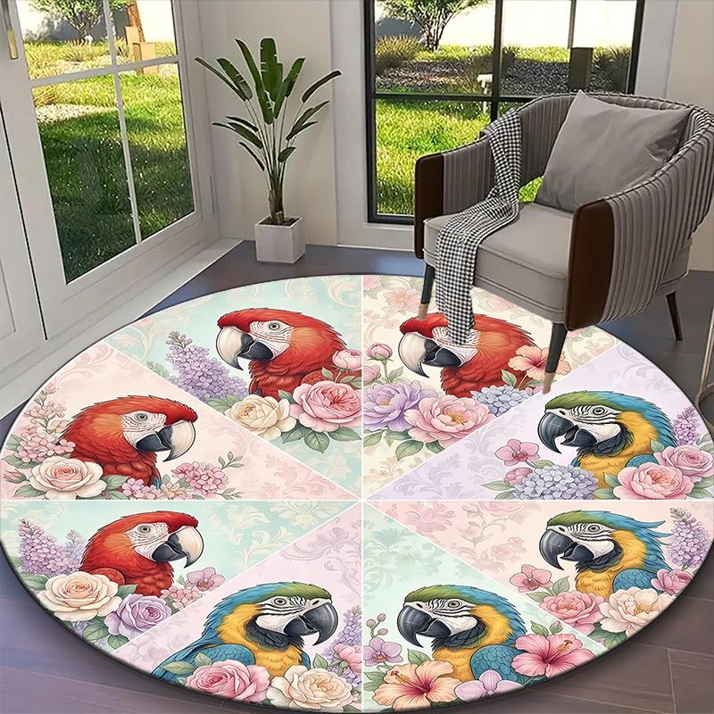 Blush Floral Parrots Carpet, Non-slip Office Chair Rug, Digital Print Home Round Rug, Unique Festival Decorations
