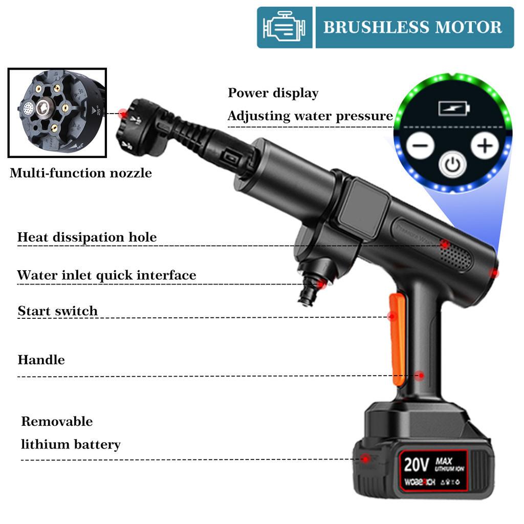 6 IN 1 Brushless High Pressure Car Washer Gun Handheld Rechargeable Spray Car Washing Machine Wireless Garden Power Tool