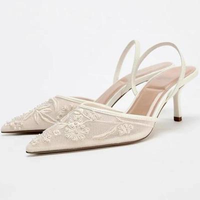 Sandalias de tacón fino con flores bordadas de malla para mujer, zapatos de vestir de punta estrecha y talón descubierto sexys de verano
