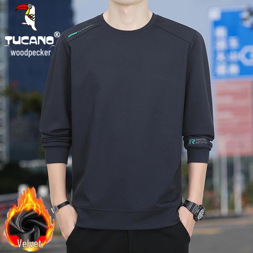 Woodpecker Men's 2025 Hoodie: Breathable Plus Velvet Round Neck Pullover, Long Sleeve, Spring/Autumn Style