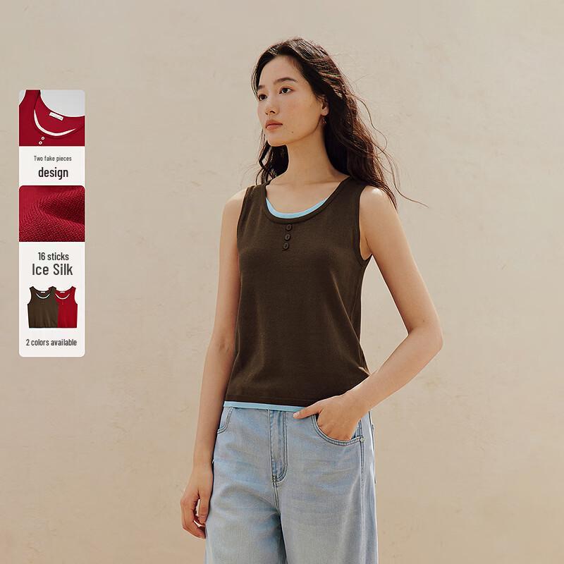 INMAN Women's Round Neck Button Faux Two-Piece Thin Knit Vest Camisole