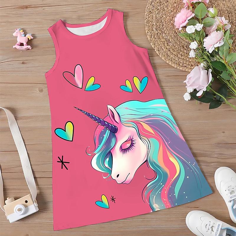 Girls' Dress Sleeveless 3D Pink Steed Print Summer Spring Daily Cute Casual Sweet Kids A Line Dress Tank Dress Sleeping Good Night Dress