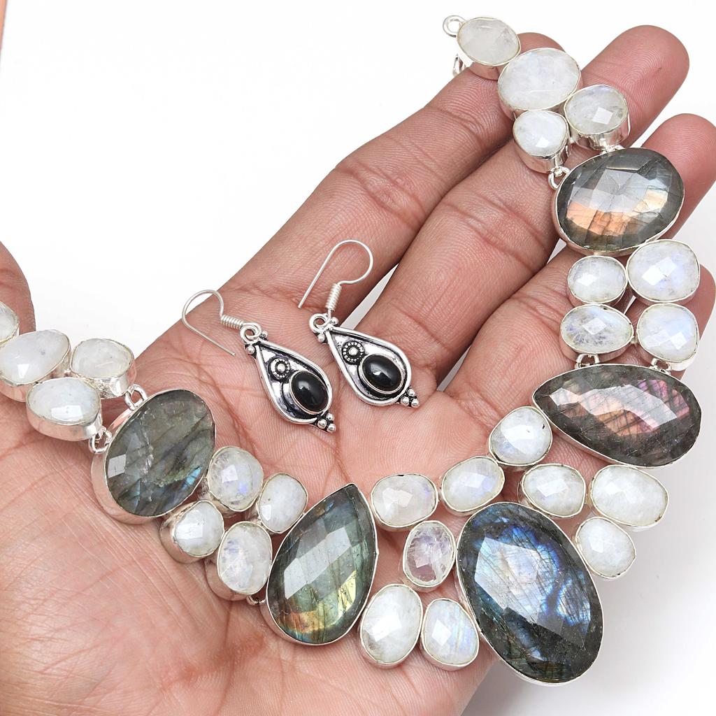 Moonstone Facited  LabradoriteGemstone Jewelry Necklace &Earrings 18-20''