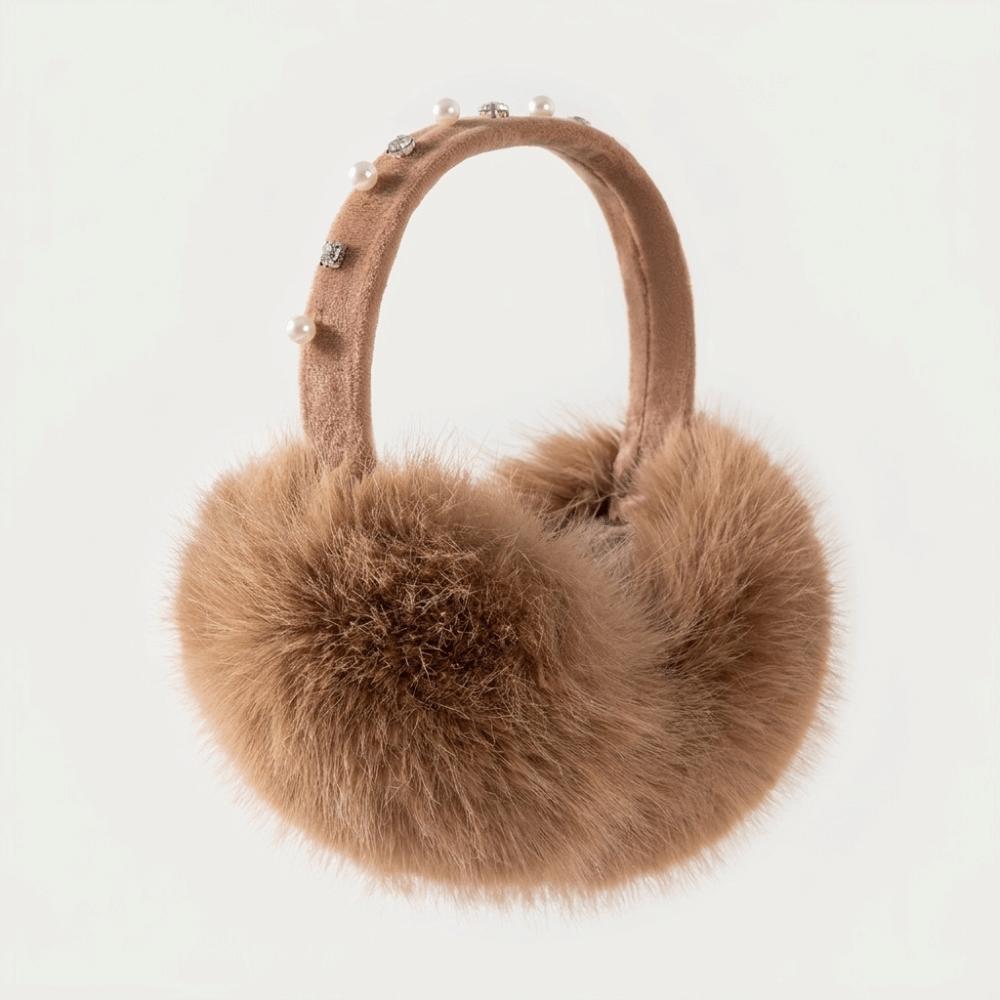 Plush Faux Fur Earmuffs Pearl Rhinestone Decor Soft Fluffy Earmuffs New Winter Ear Warmers  Outdoor