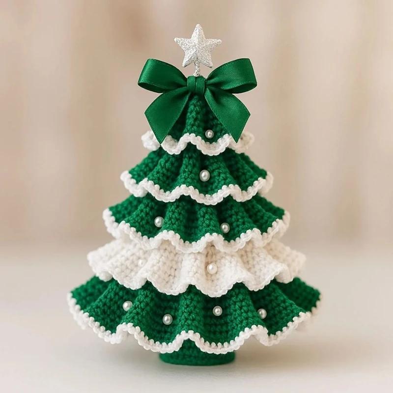 DIY-Häkel-Weihnachtsbaum-Set mit Schleife und Kunstperlen-Dekoration, Bastelstarter-Set, handgefertigter Häkel-Weihnachtsbaum, Heimdekoration