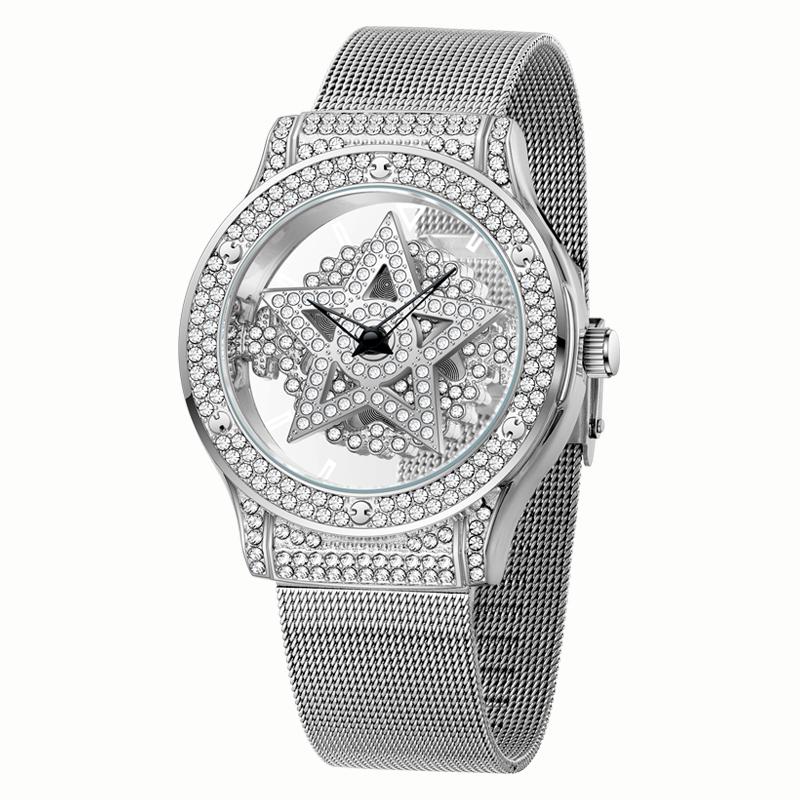 FOXBOX Women's Watches Fashionable Large Dial Pentagram Waterproof Watch For Girls Snowflake Rotating Hollow Women's Watch