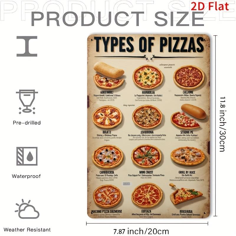 Vintage Pizza Types Metal Sign - Retro Iron Wall Art Decor 8x12 Inch, Rustic Home Bar Cafe Garden Sign with Pizza Illustrations
