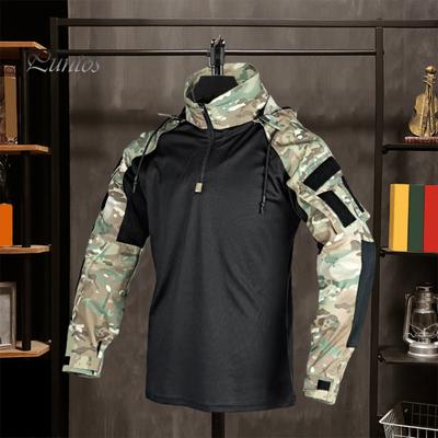 Herren Camouflage Taktisches Hemd Langarm Stehkragen Top 1/4 Reißverschluss Kampf T-Shirt Camo Uniform mit Abnehmbarer Kapuze für Airsoft Jagd Wandern
