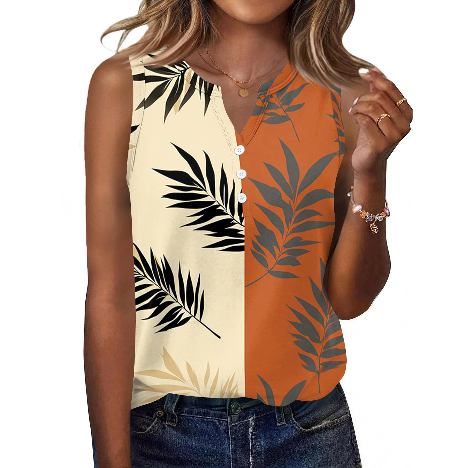 

Women s Fashionable Casual Hawaiian Print Sleeveless Button Vest Top XXL