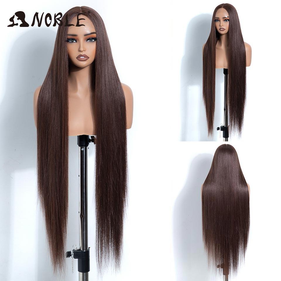 38 Inch Long Straight Synthetic Lace Front Wig Dark Brown Heat Resistant Lace Frontal Wig Natural Looking Glueless Wig For Women