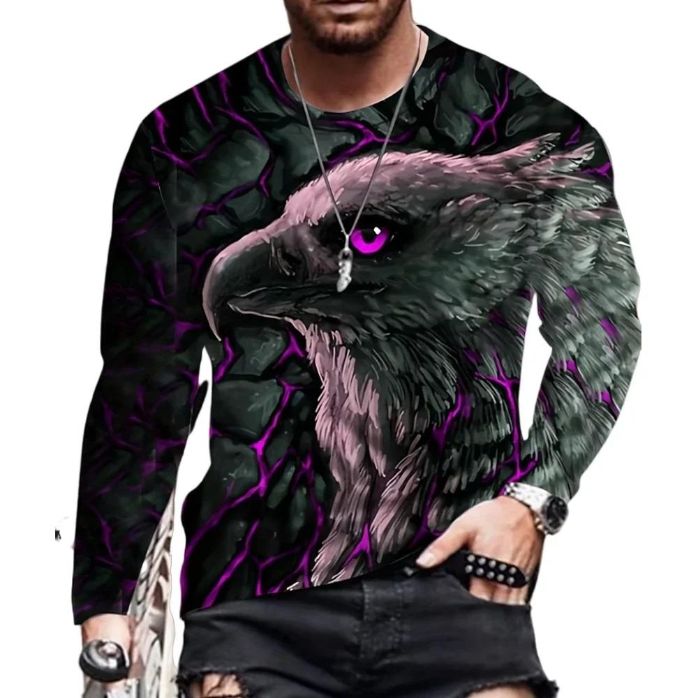 Street trend 3D eagle print men's casual round neck long sleeved T-shirt