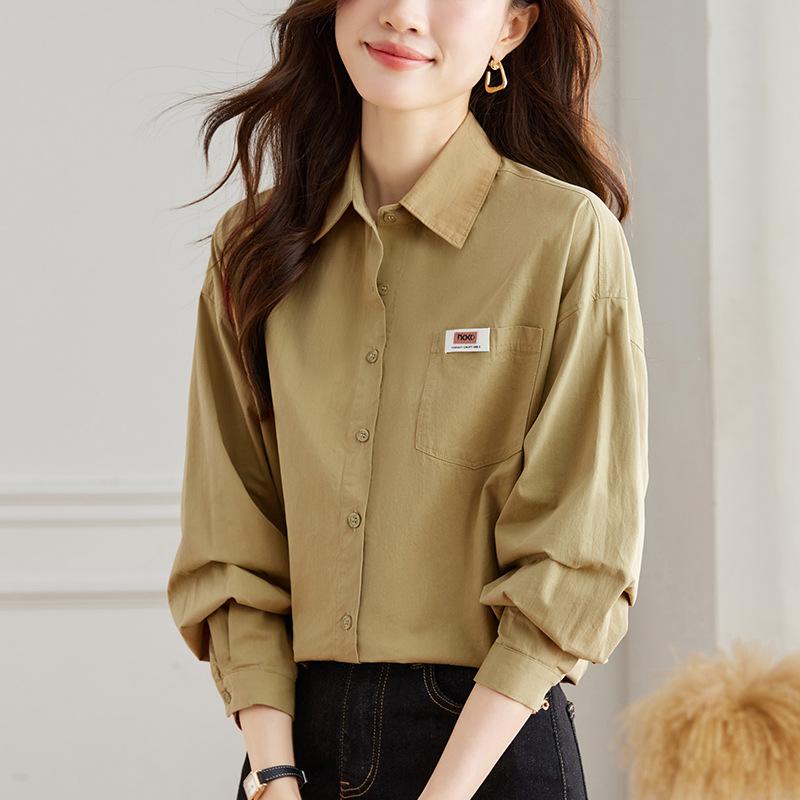 Pink Shirt for Women Long-sleeved Spring Clothes New Basic Simple Top Pure Cotton Commuting Shirt