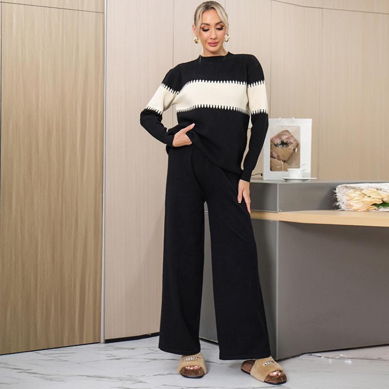 

Contrasting Color Splicing Semi-turtleneck Women s Autumn and Winter Lazy Loose Pullover Knitting Two-piece Set One Size чорний