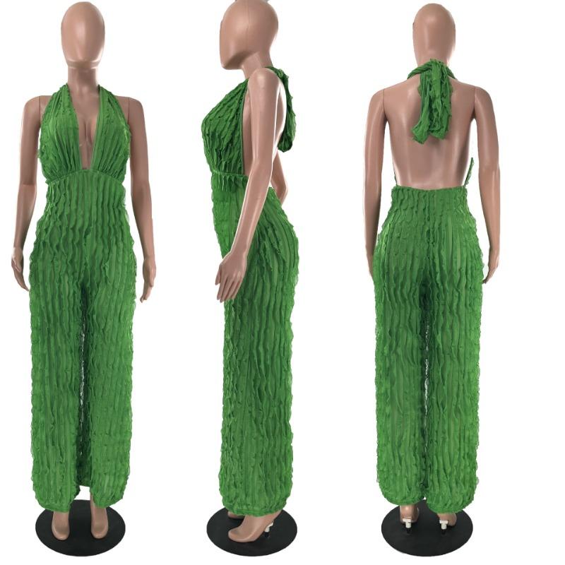 Backless Pleated Sexy Jumpsuit Women Rompers Halter Neck Sleeveless V Neck Women Bodysuits Loose Backless High Waist Playsuits Outfits Clothes 857