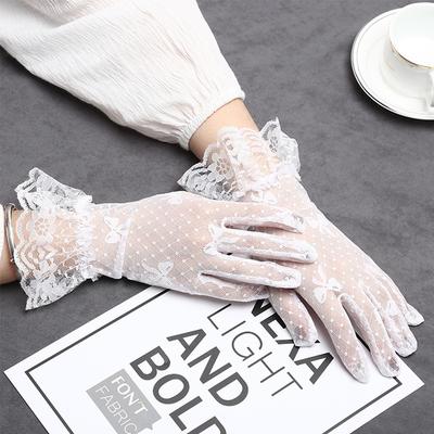 Fishnet Lace Bow Short Sunscreen Full Finger Lace Gloves Mesh Gloves Bridal Gloves Tulle Mittens