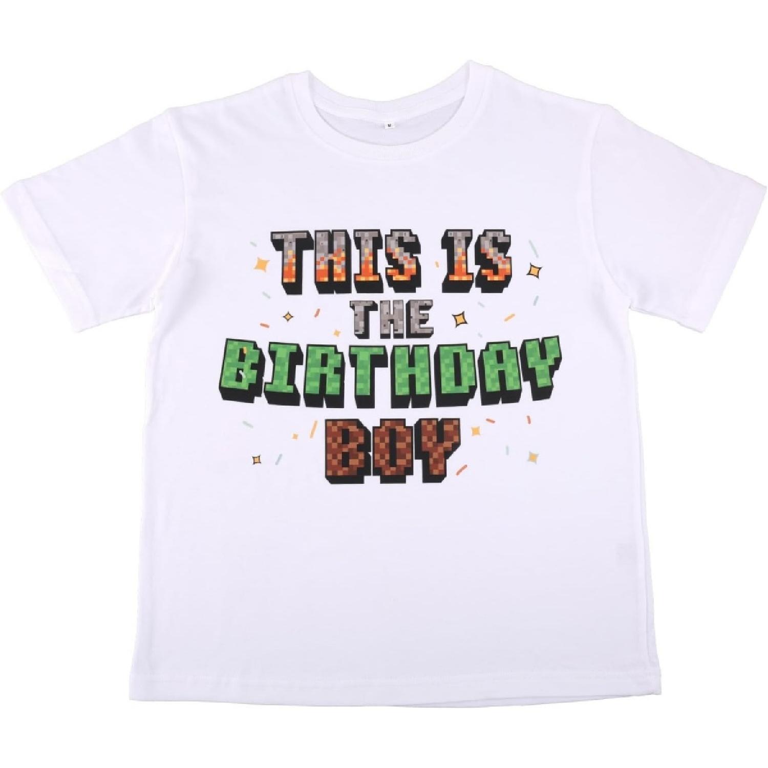 SAVITA This is The Birthday Boy T-Shirt, White Cotton Gamer Pixel Theme Birthday T Shirt for Kids Youth (M_10-12Y) S