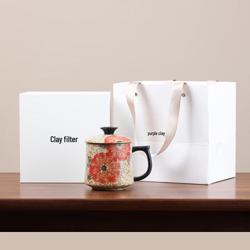 MULTIPOTENT Hand-Painted Begonia Flower Ceramic Tea Mug with Lid