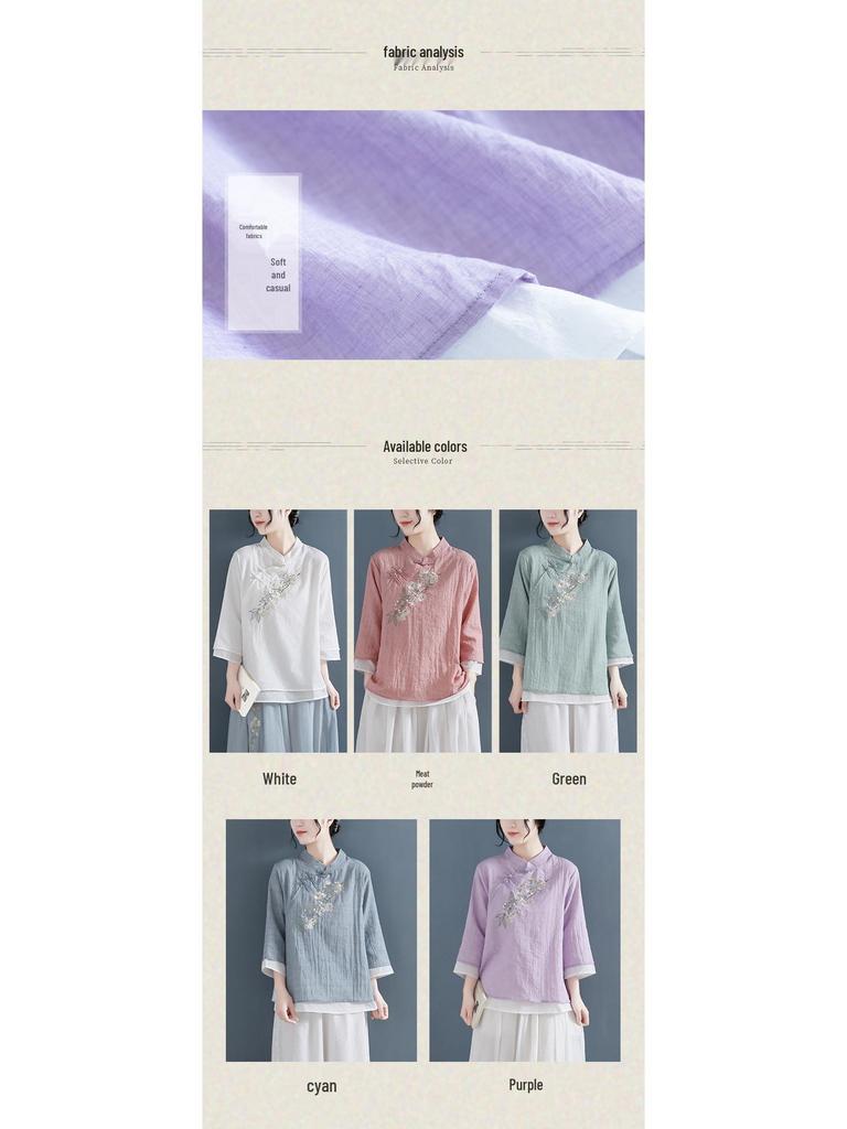Chinese Ethnic Style Embroidered Cotton-Linen Frog Button Top for Women, Summer 2024, Stand Collar with Three-Quarter Sleeves.