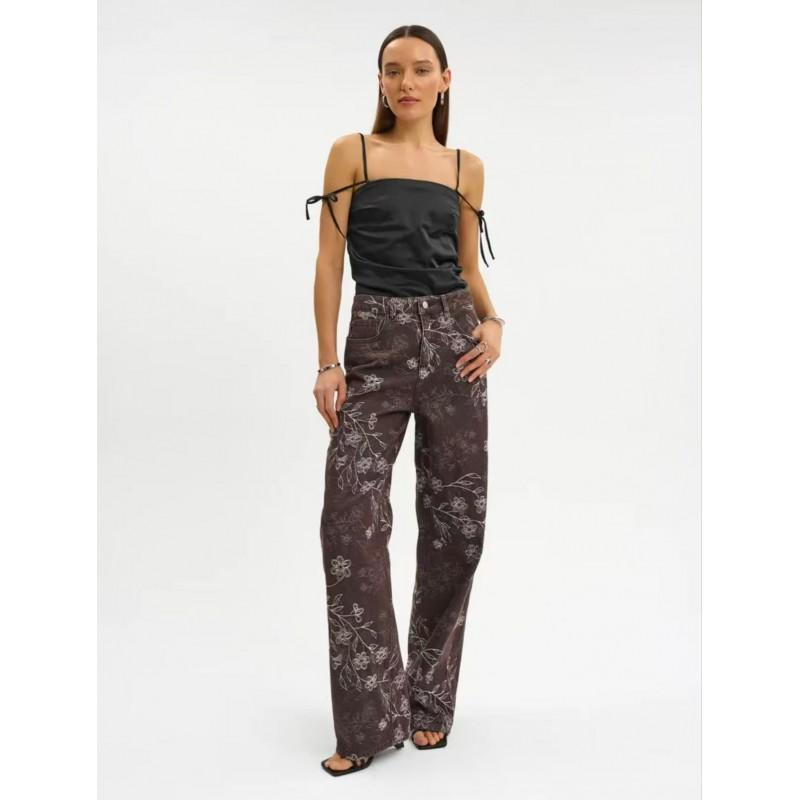 2026 Womens High-Waisted Wide-Leg Straight Jeans With Floral Embroidery Loose Fit Cotton Denim Pants