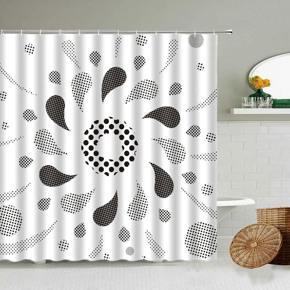 Black And White Checkered Wave Stripe Geometric Shower Curtain Bathroom Waterproof Polyester Curtain With Hook Home Decor