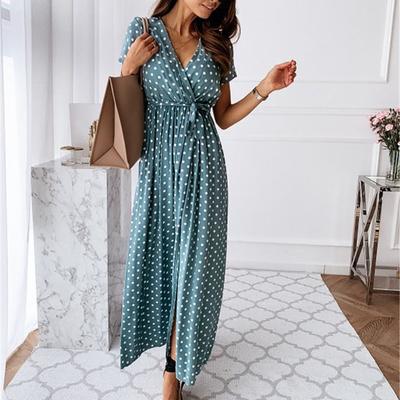 Vestido feminino com decote em V, estampa de bolinhas boêmias, manga curta, saia longa